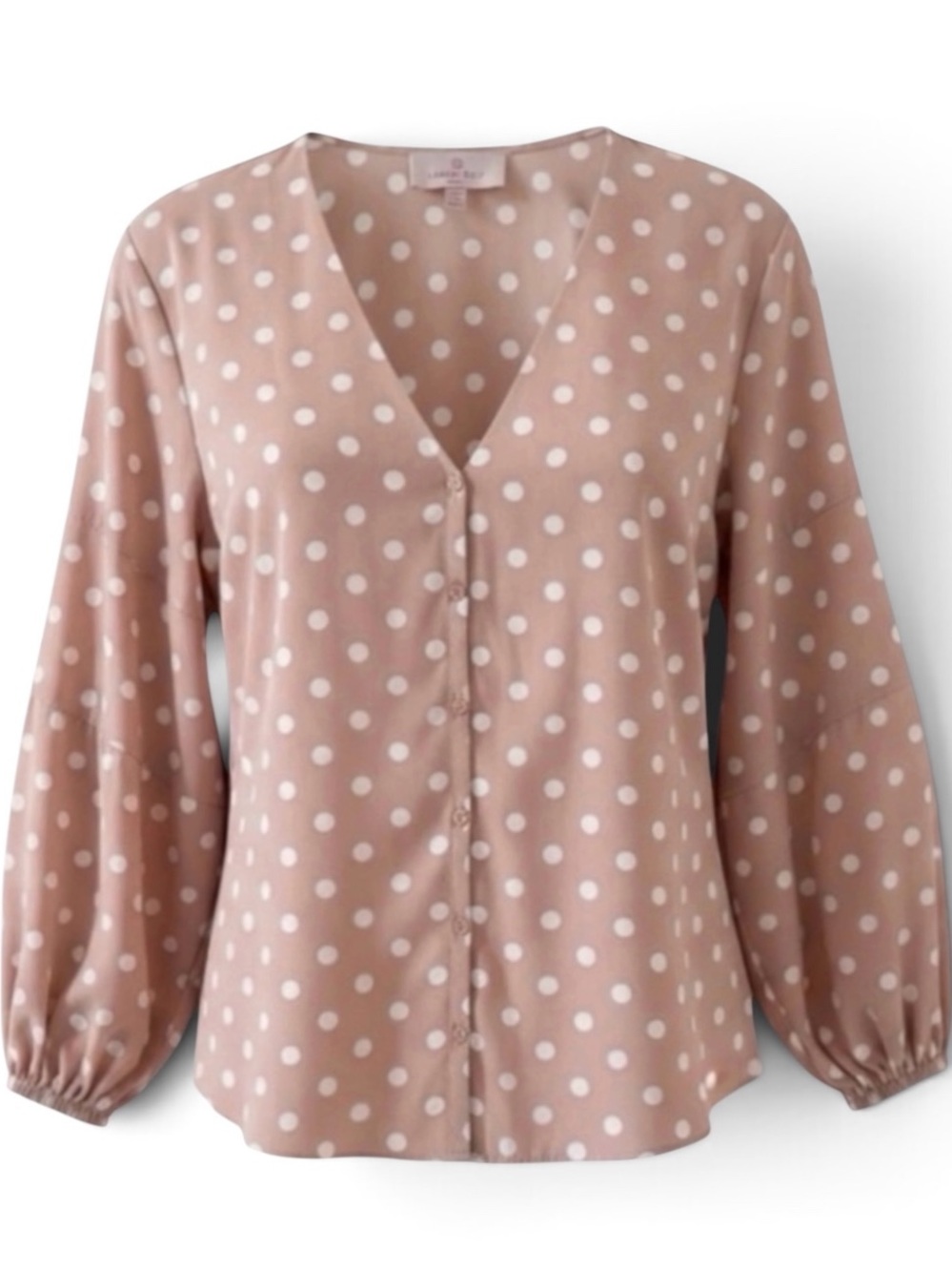 Laurie Felt Blush Pink with White Polka Dots Button Down Long Sleeve Blouse